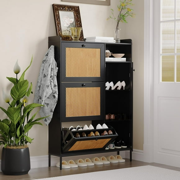 TROPOW Armoire de Rangement pour Chaussures, Armoire à Chaussures à 3 Niveaux avec Tiroirs Basculants, Organisateur de Rangement pour Chaussures Autoportant Étroit avec Tablettes Ajustables, Armoire à Chaussures pour Entrée, Rebord sur le Dessus, Noir