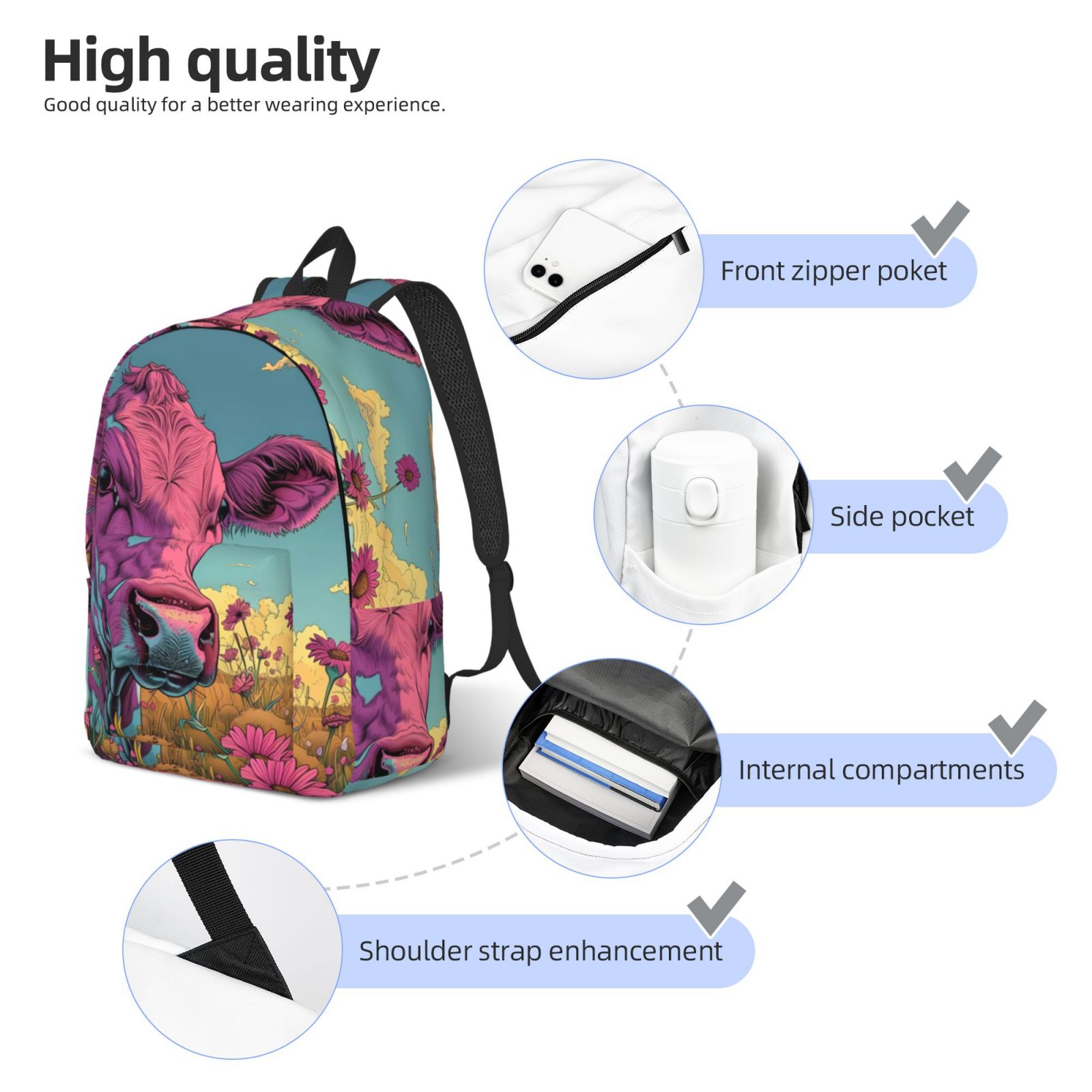 Picia Pink Cow In Sunflower Field Printed Canvas Daypack - Stylish and Durable Vintage Compact Backpack - Class, Work, Travel, or Laptop Bookbag,Organized Compartments-Medium