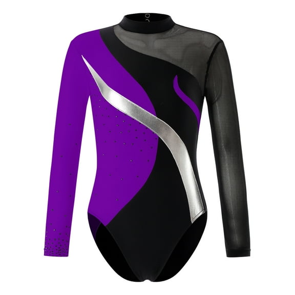 YEAHDOR Kids Girls Ballet Leotard Long Sleeve Rhinestones Figure Skating Performance Bodysuit Dancewear Purple 14