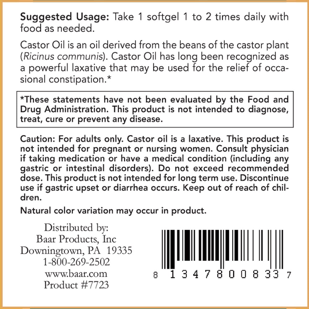 Baar Nature's Blessing Castor Oil Softgels with Fennel, 120 Softgels