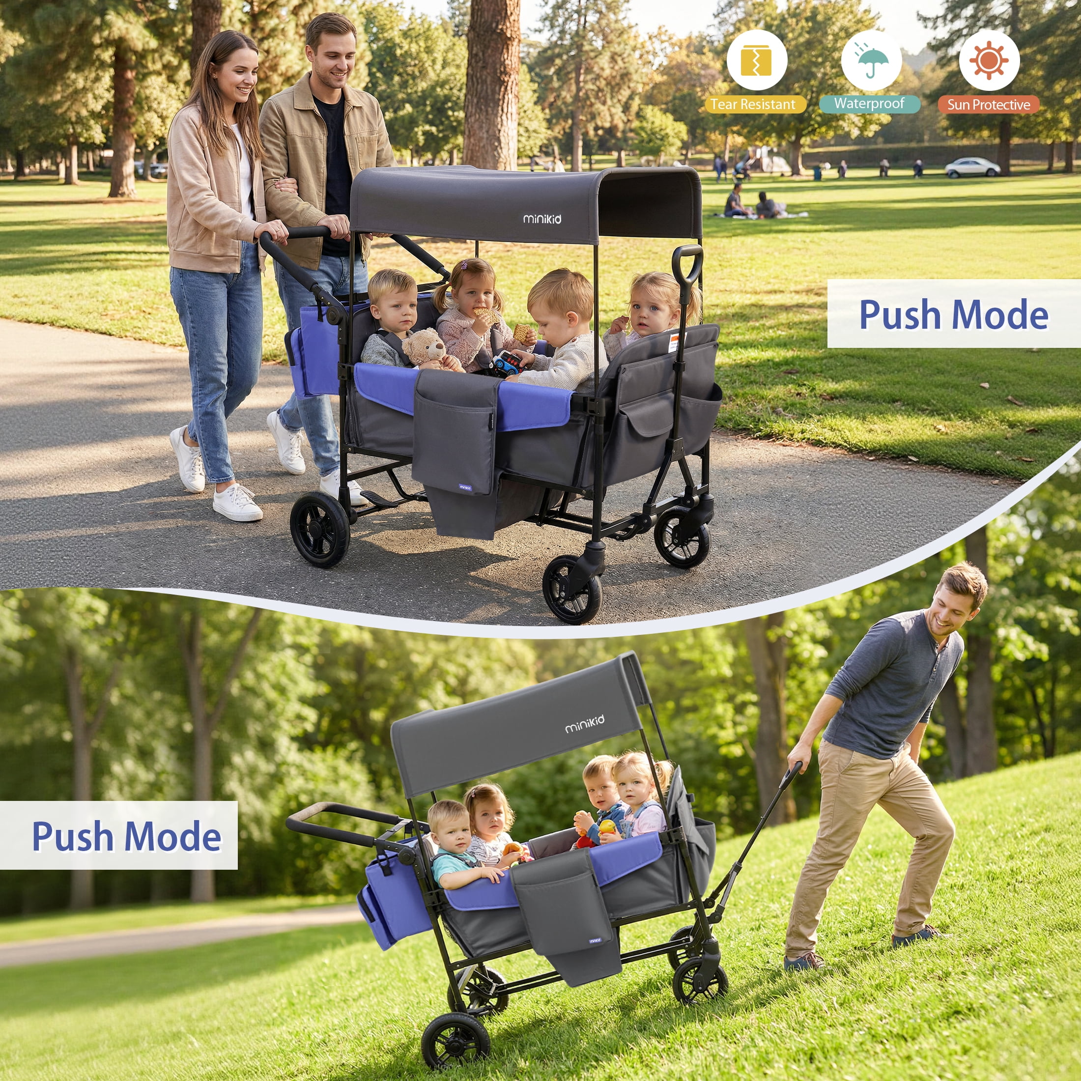 Minikid Baby Stroller Wagon for 4 Kids,Multifunctional Wagon with Detachable Canopy,Adjustable Handlebars,Easy Storage,Dark Grey