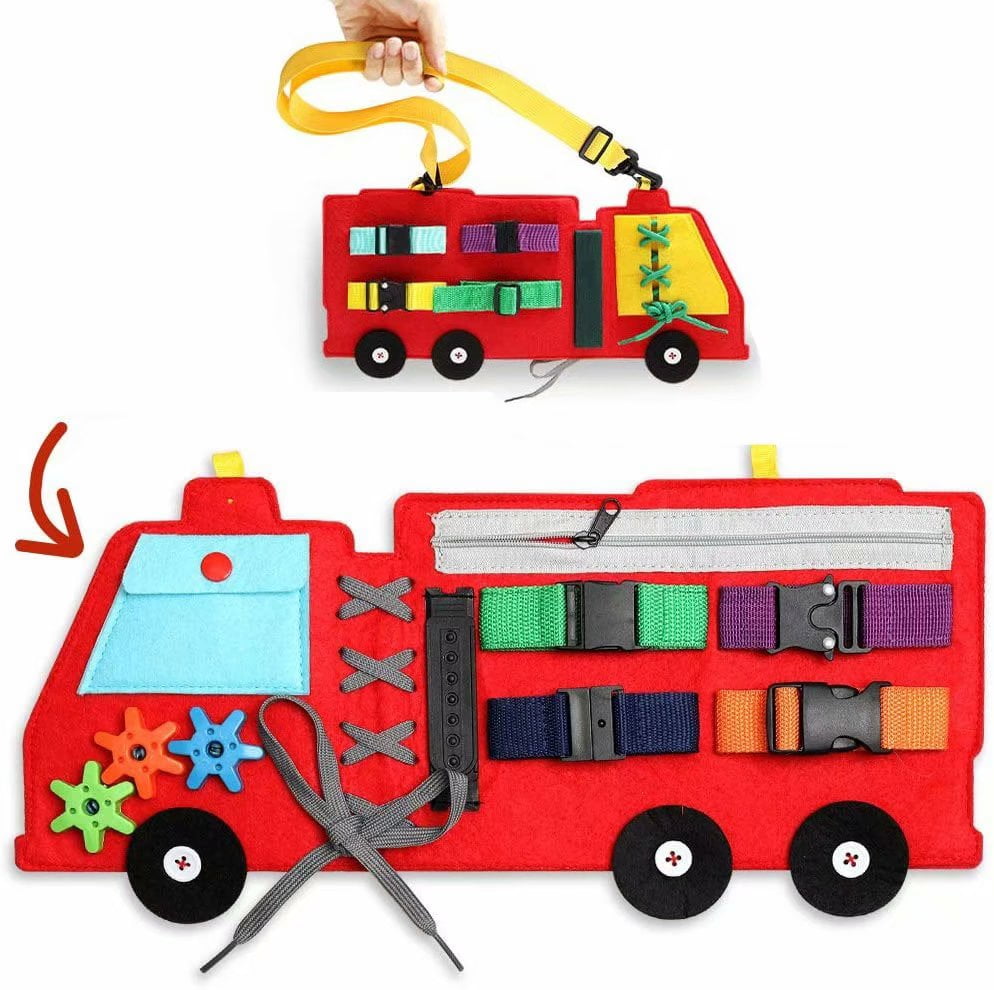 Busy Board Learn to Dress Sensory Toy as Airplane or Car Travel Game Basic Life Skills and Fine Motor Montessori Activities for Kids Firetruck Preschool Educational Early Learning Toy for Toddler 