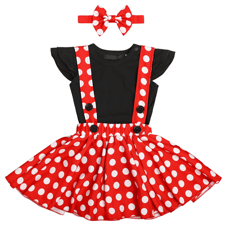 

IBTOM CASTLE Polka Dots Tutu Outfit for Baby Girl Princess 1st Birthday Party Dress up with Overall Suspender Skirt and Headband 6-12 Months Black+Red