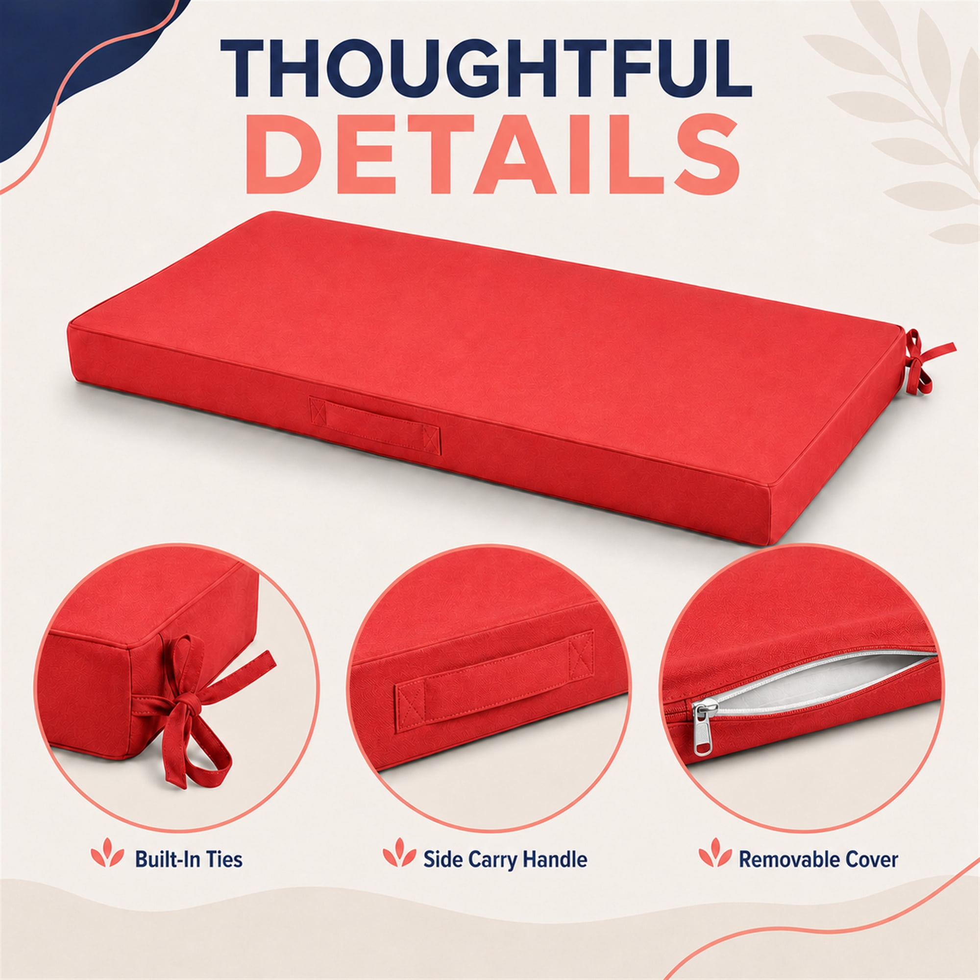 Millsilo 42" x 18" x 3" Outdoor Bench Cushion with Removable Cover, Water-Repellent UV Fade-Resistant Patio Cushion, High-Density Foam, Non-Slip Ties, Red