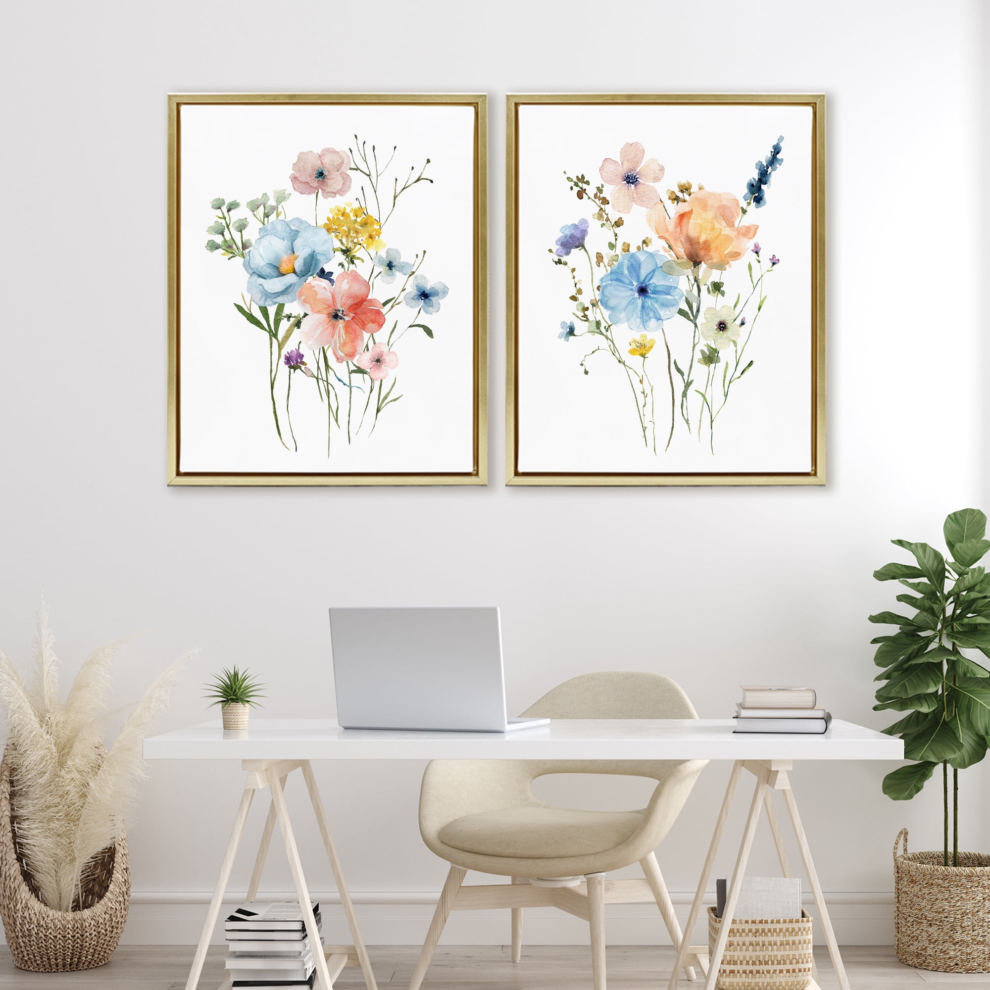 Stupell Industries Wildflower Sprig Bundles 2 Piece Gold Framed Floater Canvas Set, design by Livi Finn