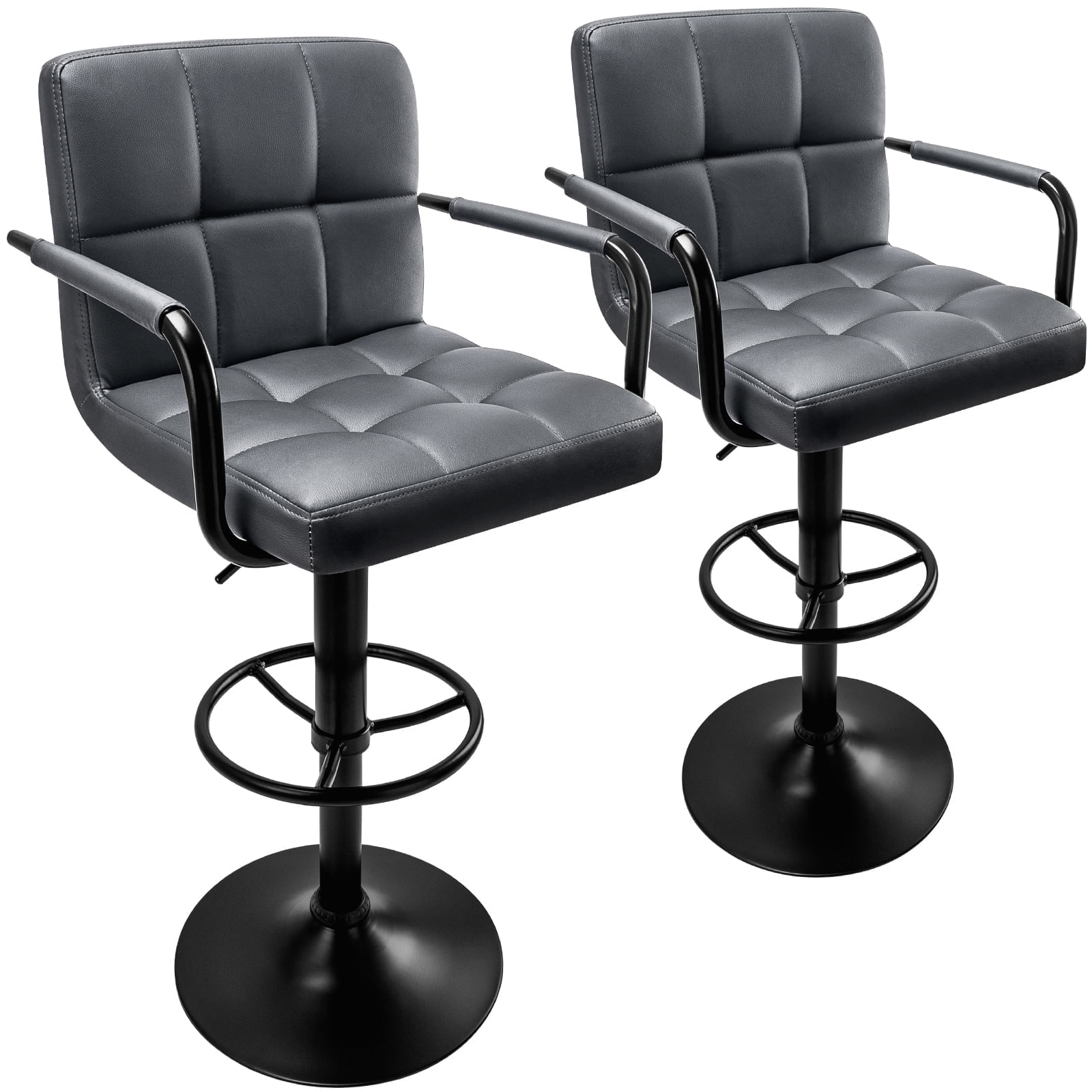 Soontrans Bar Stools Set of 2 Swivel Counter Height Stools with Arms and Back, Adjustable Island Chairs for Kitchen, Modern Barstools with Backrest and Armrest(Gray, 2Pcs)