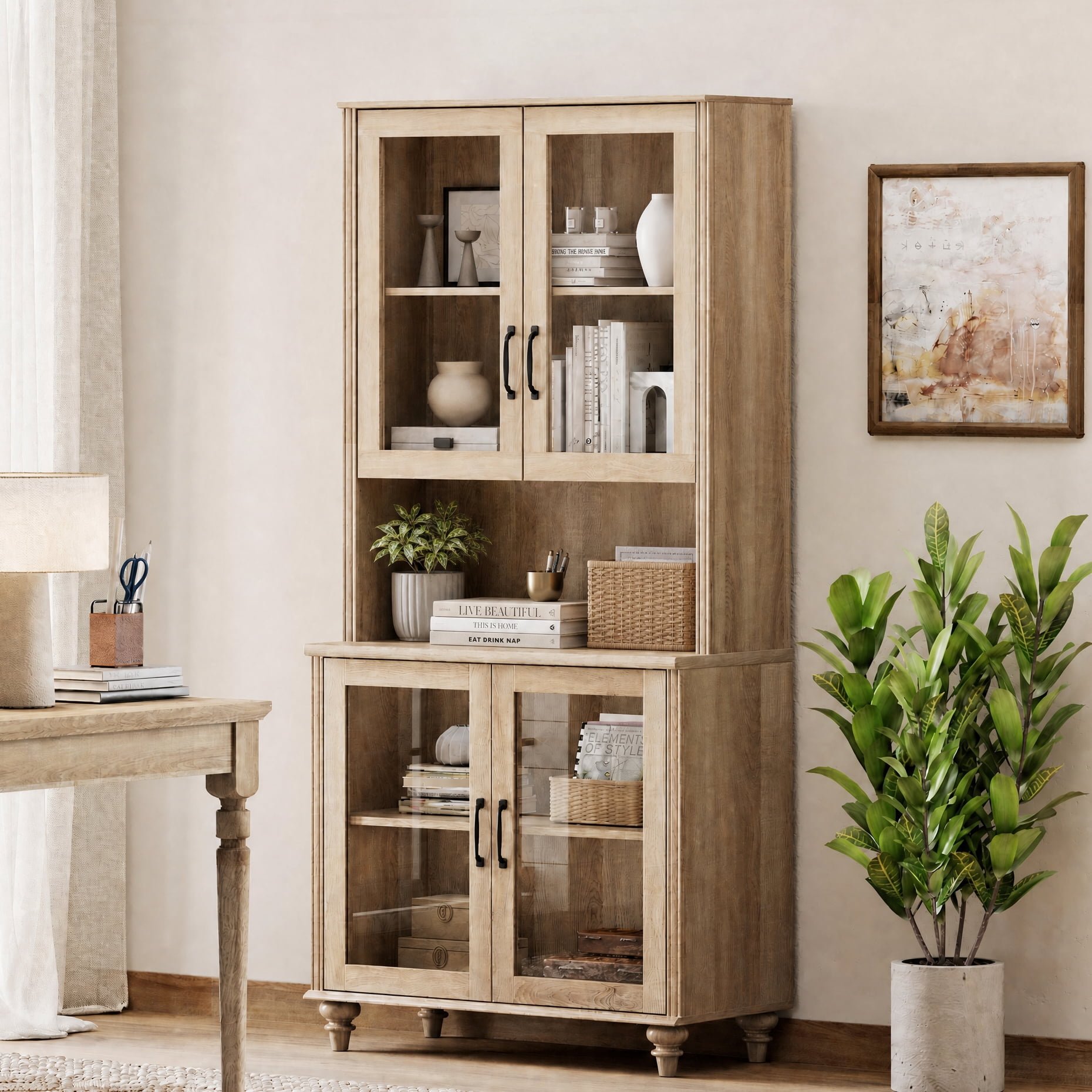 Sideboard Buffet Cabinet with Storage, Morden Bookcase with Adjustable Shelf and Glass Doors, Farmhouse Wooden Bookshelves for Living Room, Office, Study Room, Kitchen, Oak, 72" H