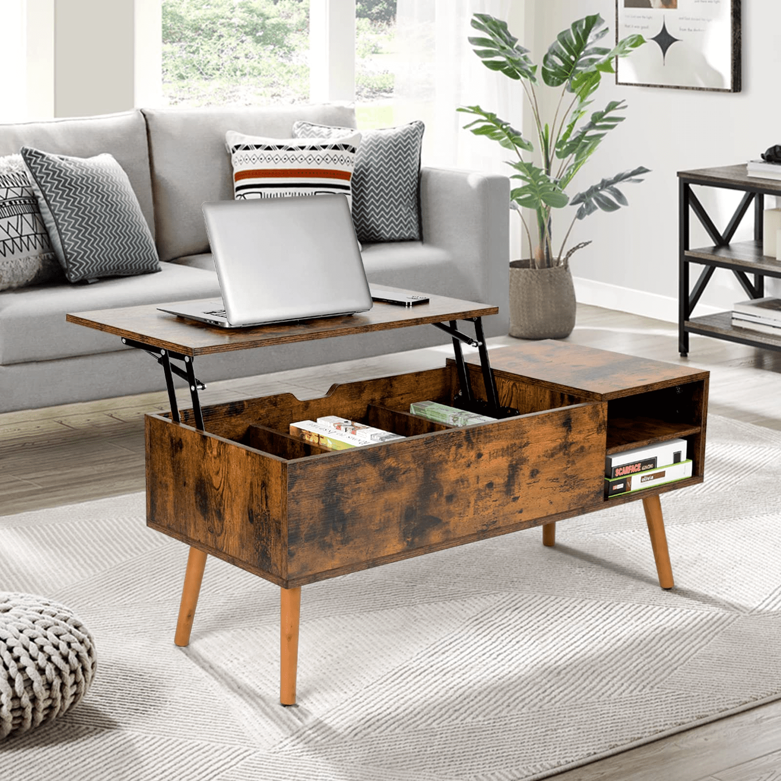 SMOOL Modern Lift Top Coffee Table for Living Room Rustic Brown