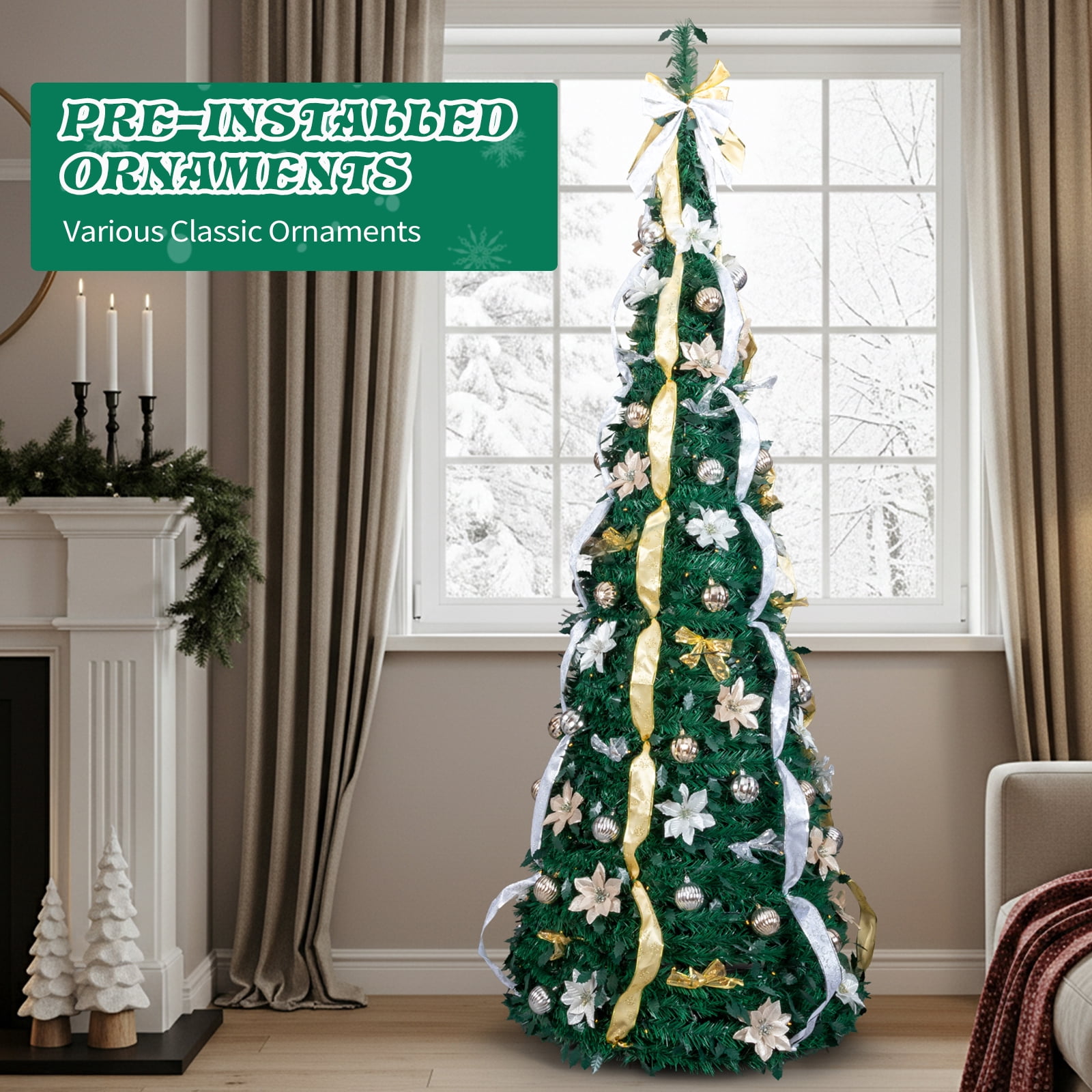 7 FT Fully Decorated Pre-lit Christmas Tree, Pop Up Artificial Xmas Tree with 200 Warm Lights Remote Control and Godlen & Silver Ornaments for Home Office Store Holiday Decor