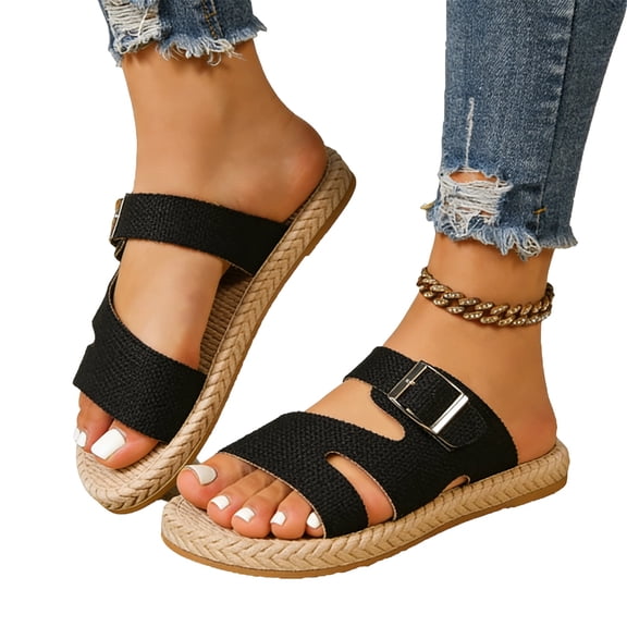 Women's Flats,Comfortable Sandals for Women,Summer Shoes,Summer Sandals for Women,Flat Sandals for Women,Women's Fashion Plus-Size Flat Sandals With Buckles,Black,6