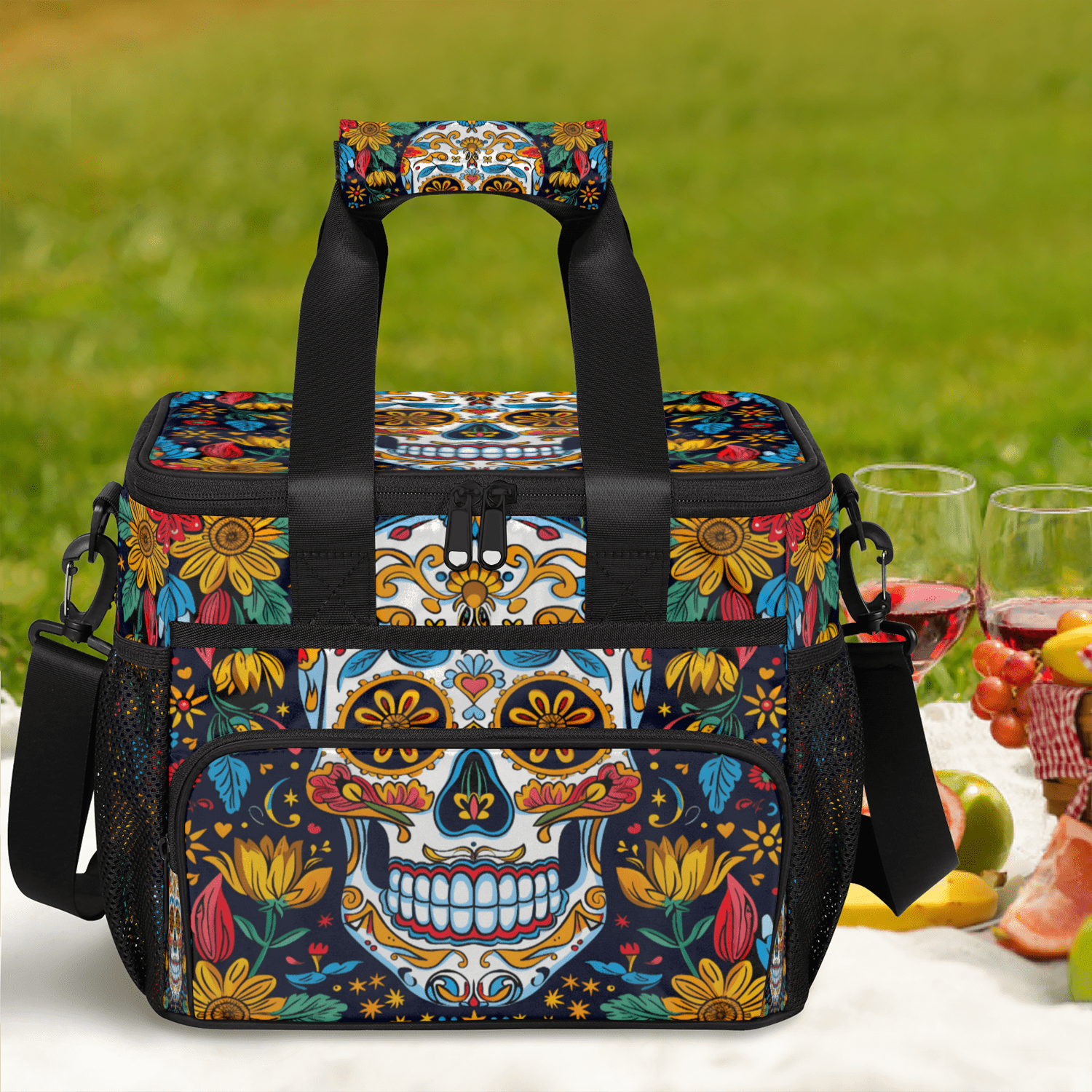 Herdesigns Sugar Skull Gothic Halloween Large Lunch Box for Adults Women Men with Adjustable Shoulder Strap, Insulated Reusable Lunch Bag Leakproof Cooler Tote Bag