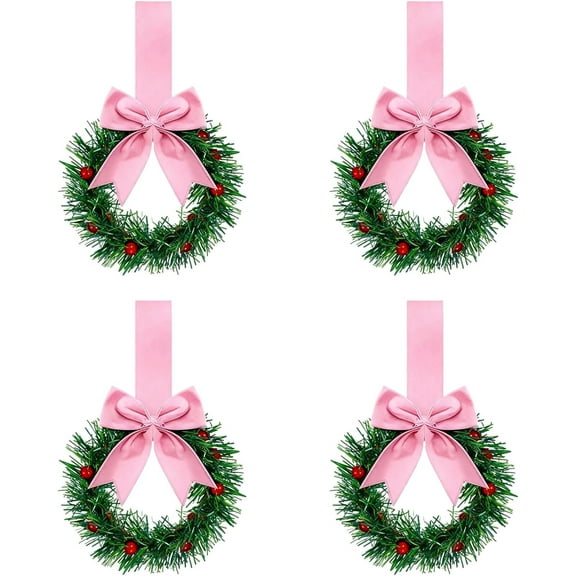 4 PC Christmas Kitchen Cabinet Wreaths with Pink Ribbon Bow, 5.12” Mini Christmas Wreath Small Kitchen Xmas Decor for Window Door