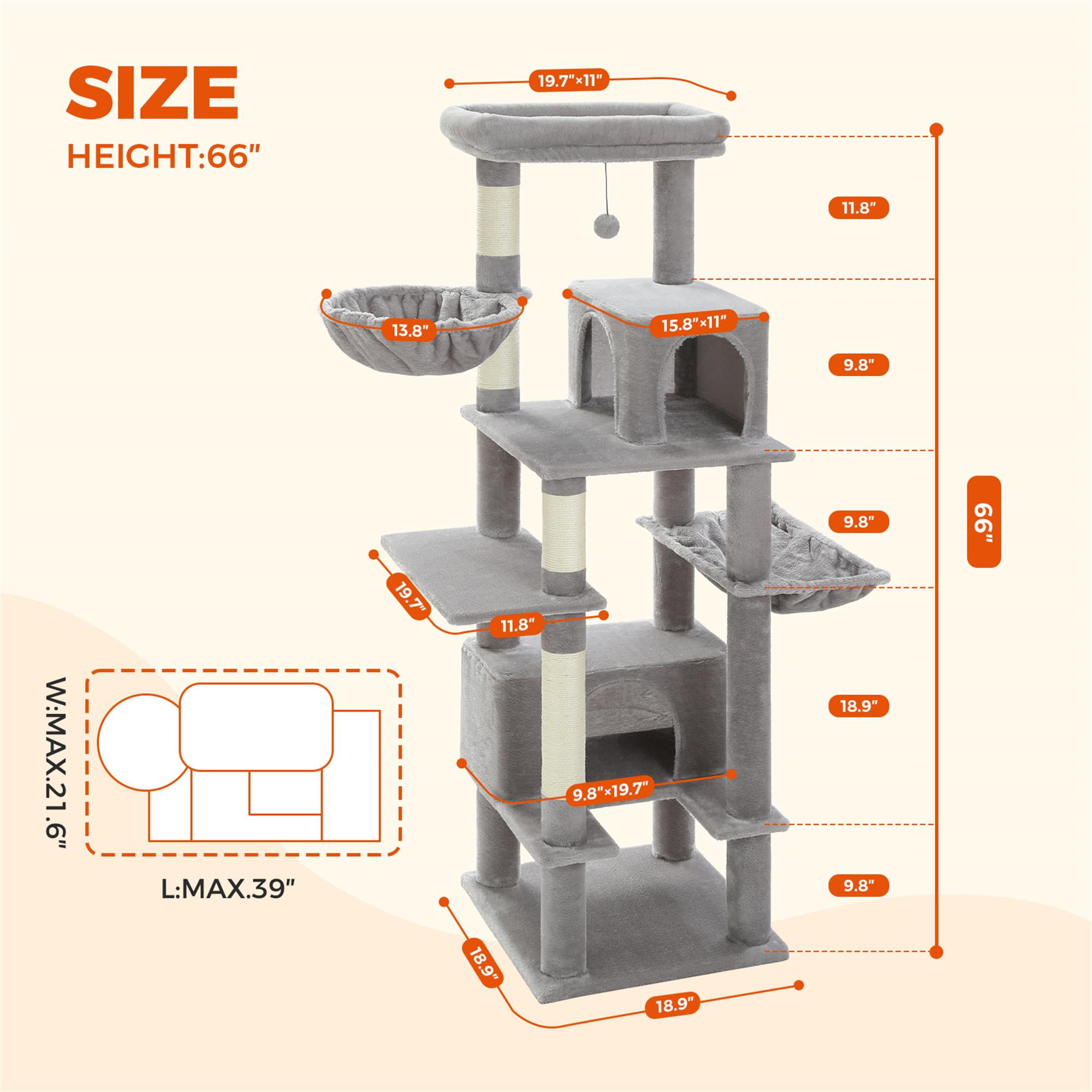 resenkos 66" Multi-Level Cat Tree Tower for Indoor with Sisal-Covered Scratching Posts, Cat Condo with Hammock and Deluxe Perch, Gray