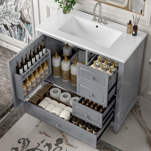 MODERNLUXE 36" Bathroom Vanity with Ceramic Sink,Modern Undermount Vanity Sink Cabinet with 3 Drawers & Door Organizer,Freestanding Vanity Storage Cabinet,Gray