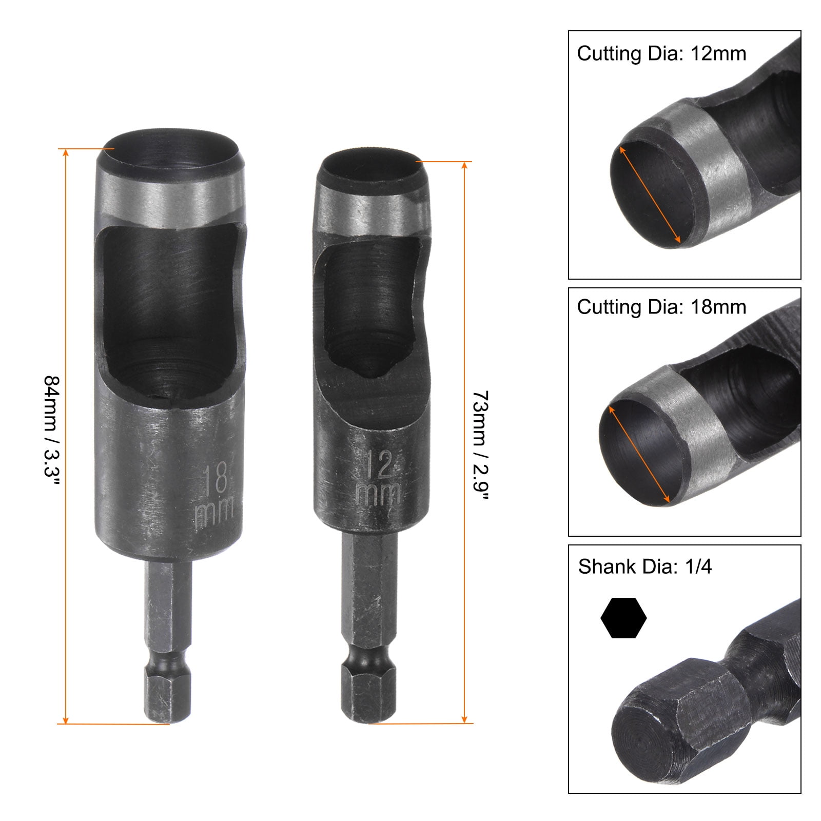 Uxcell 4pack 12mm,18mm Leather Hollow Hole Punch with 1/4" Hex Shank for Drill, Belt Hole Punch Punching Cutter Tool