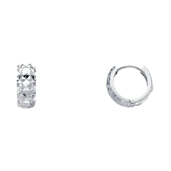 14K Solid White Gold Diamond Cut Huggies Earrings 5 mm Wide Secured Click top Setting