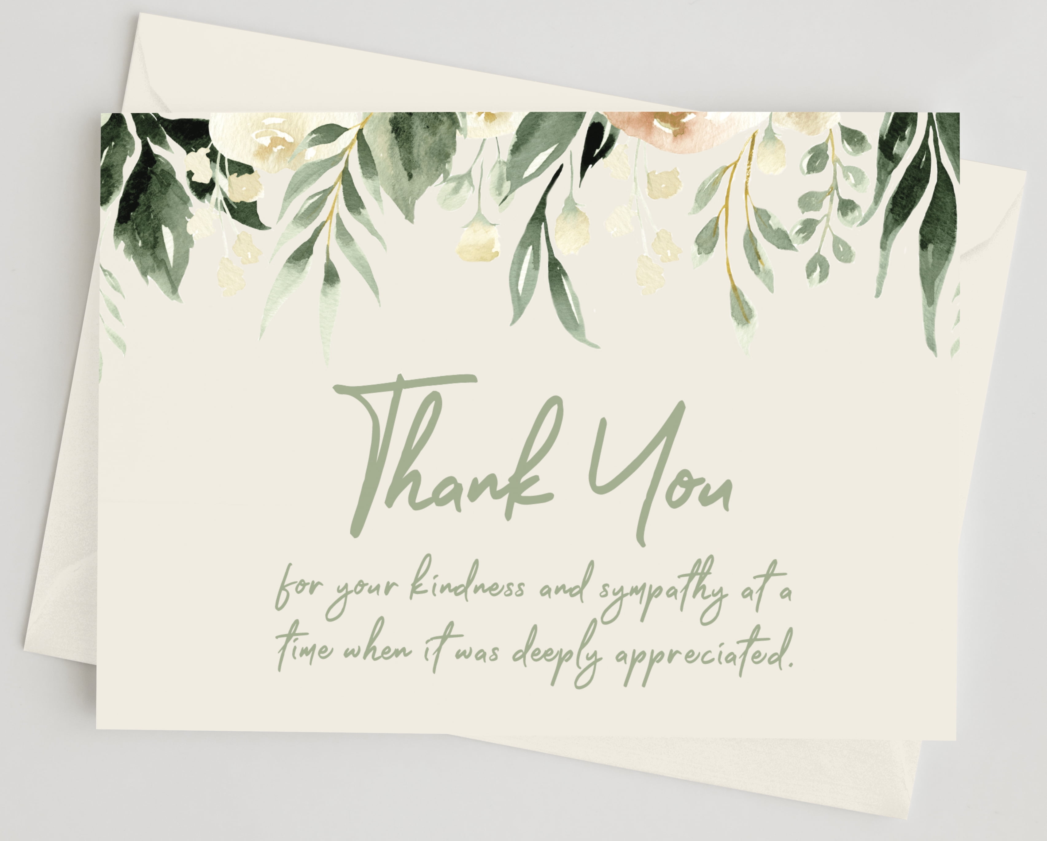 50 Funeral Sympathy Bereavement Thank You Cards With Envelopes (Sage Floral)