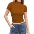 thumbnail image 2 of Women's Plus Size Solid Color Mock Neck Short Sleeve Slim Fit T Shirt, Breathable Stretchy Basic Tee for Summer Daily Layering, Soft and Comfortable Base Top Khaki XXXL, 2 of 6