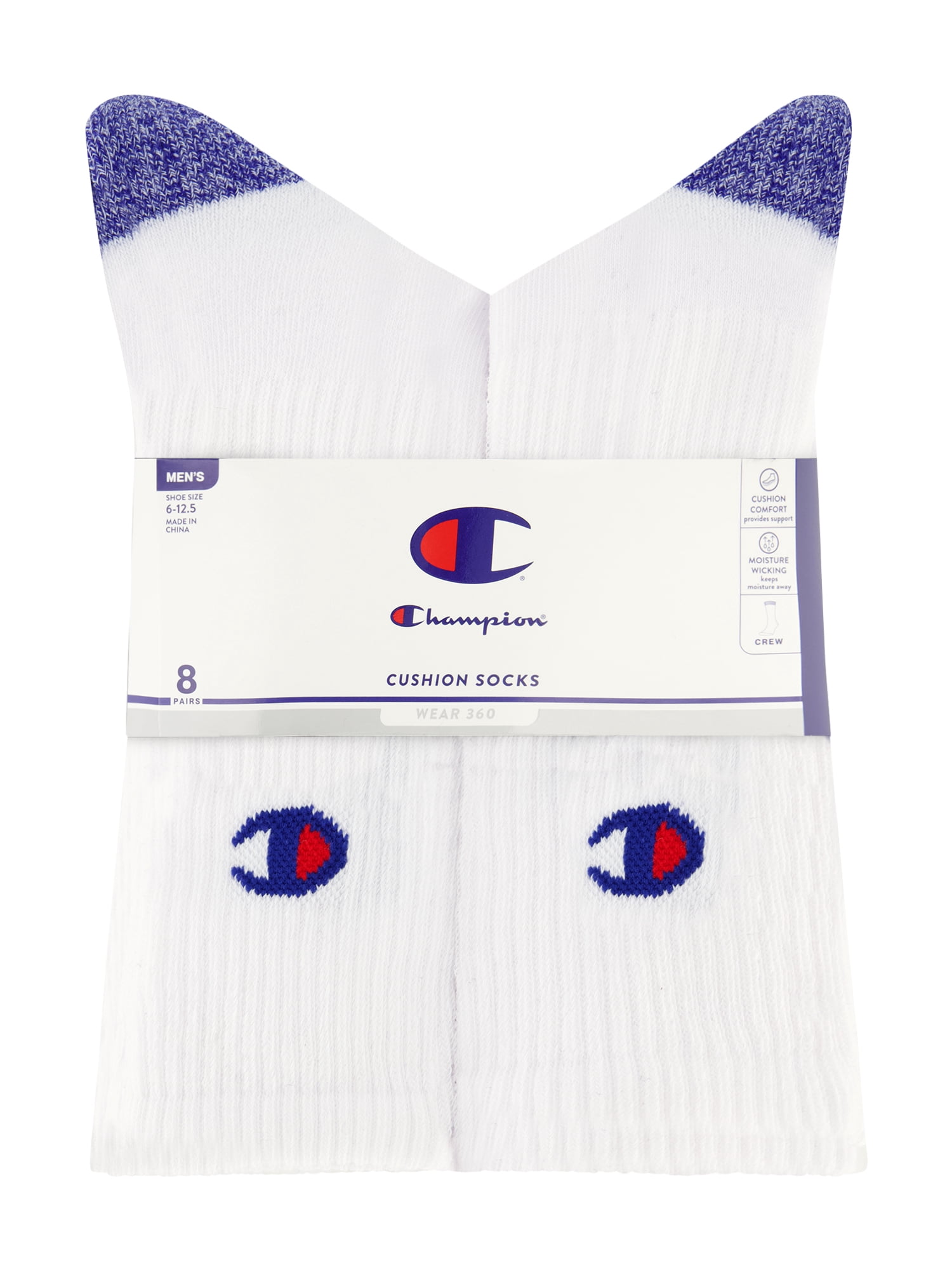 Champion Men’s Crew Socks 8 Pack – Half Terry Cushion, Moisture-Wicking, Arch Support, Reinforced Toe & Heel, Sizes 6–12.5