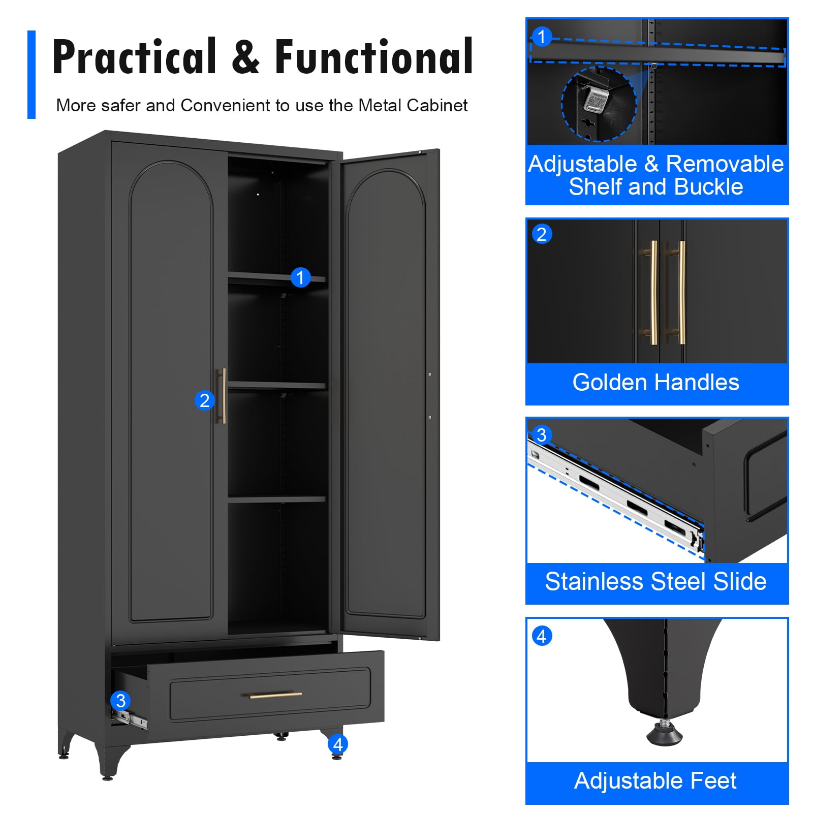 Polup 75" H Metal Black Kitchen Pantry Storage Cabinets with Drawers, Doors and Shelves, Steel Large Cupboard