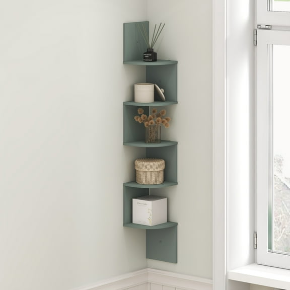 Furinno ROSSI 5-Tier Zigzag Corner Wall Shelf Floating Bookcase in Sage Green