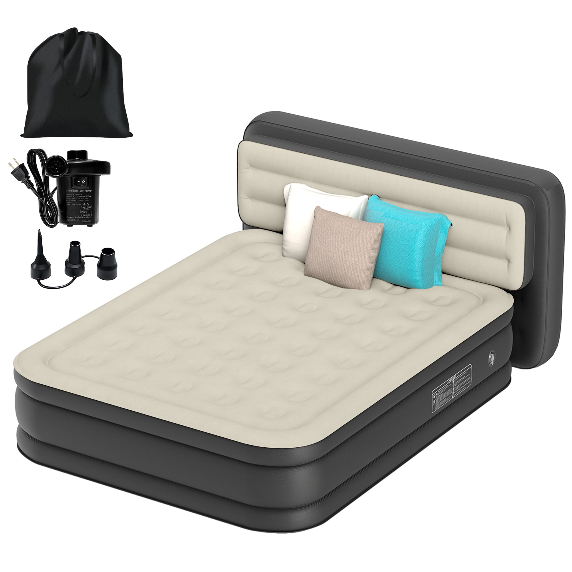 Uforic Queen Size Air Mattress with Built-in Headboard and Inflation Pump, 18in Deluxe Flocked Top Air Mattress, Sturdy Blow-Up Bed for Home & Visitors, Black