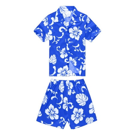 Boy Hawaiian Aloha Luau Shirt and Shorts 2 Piece Cabana Set in Royal Blue Hibiscus 6 Year Old