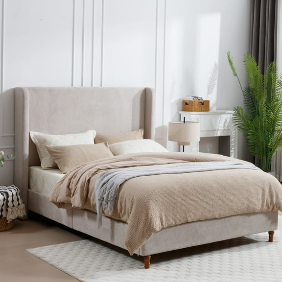 Chenille Upholstered King Bed Frame with Headboard, Light Gray