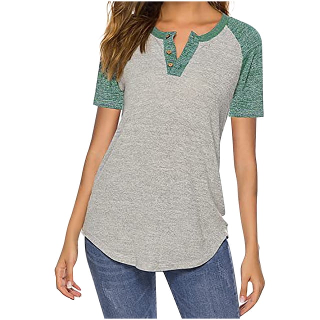 Timegard Women Tops Notched V Neck Button Short Sleeve Color Block Loose Comfy Summer Casual Shirts Tops