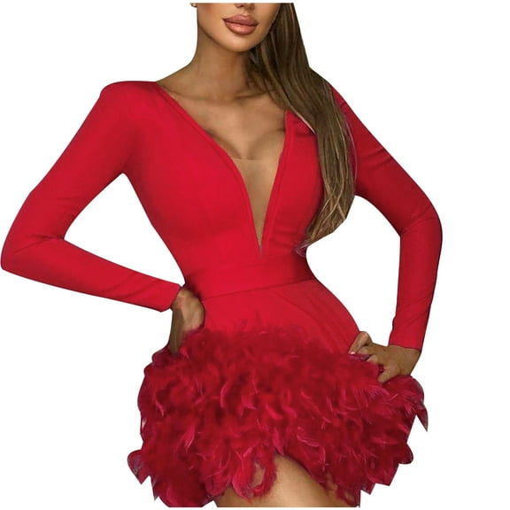 Elainilye Fashion Women's Formal Dresses Deep V Wrap Hip Feather Splice Dress Prom Dress Party Dress Cocktail Dresses for Women,Red