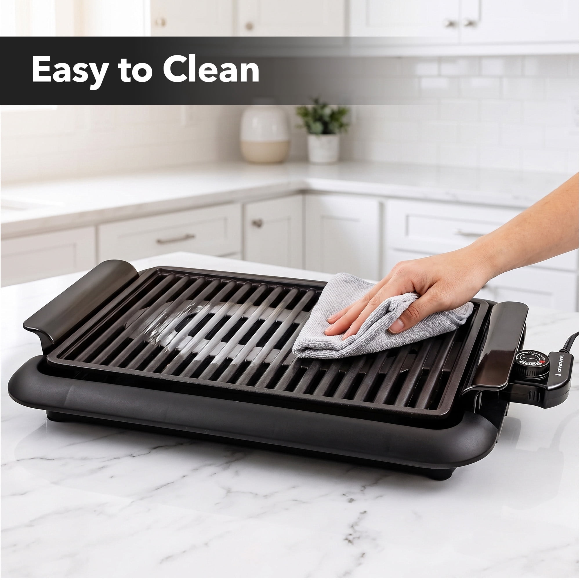 OVENTE Electric Indoor Grill, 15x10 Inch Non-Stick Plate, Black GD1510NLB | 1200W Fast Heat Up Power, Adjustable Temperature, Removable and Dishwasher Safe Grilling and Drip Tray