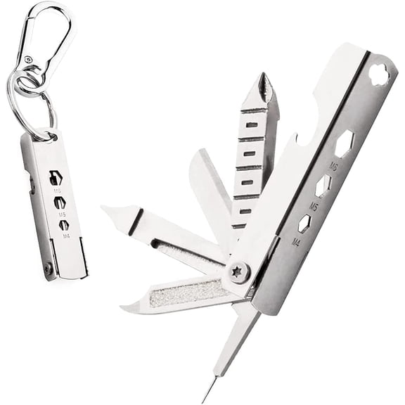 Keychain Multitool, Multi-Function Repair Tool, 11 In 1 Multi-Purpose Repair Tool, Keychain with Screwdriver, Nail file, Bottle Opener, Wrench, Ruler, Card Pin, Mobile Phone Holder (Silver)