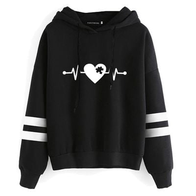 Fancyleo Women Fashion Long Sleeve Autism Hoodie Casual Striped Heartbeat Printing Hooded Pullover Autism Awareness