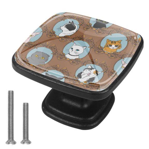 4 Pcs Cabinet Handle Drawer Pulls Funny Retro Cats Knobs with Screws Square Furniture Office Cabinet Knob Decoration