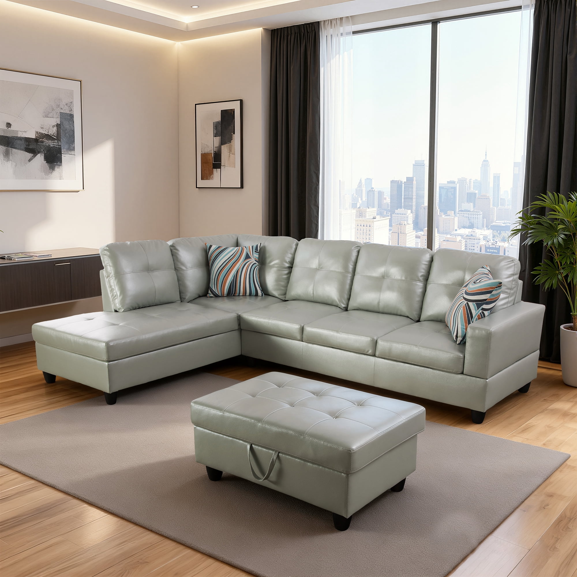 MAYEERTY PU Synthetic Leather 3-Piece Couch Living Room Sofa Set，Silver Green
