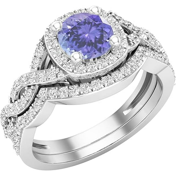 Divine Creation 14K White Gold Plated 925 Sterling Silver 2.50 Ct Round Cut Blue Tanzanite Engagement Wedding Christmas Thanksgiving Bridal Ring Set For Women's -4.5