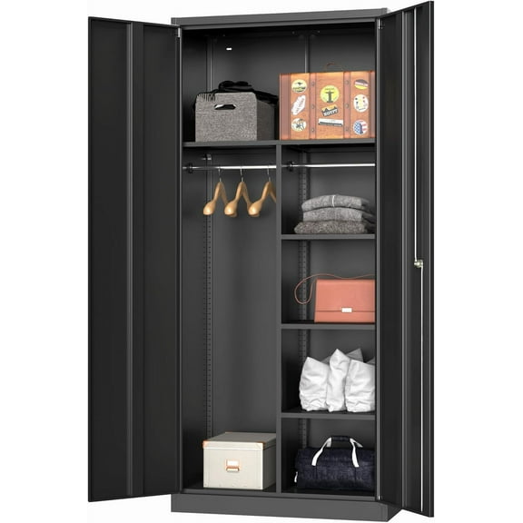 Metal Wardrobe Cabinet, 71" Lockable Wardrobe Closet with Adjustable Shelves and 2 Hanging Rods, Metal Armoire Closet with Locking Doors for Bedroom,Home Office,Gym