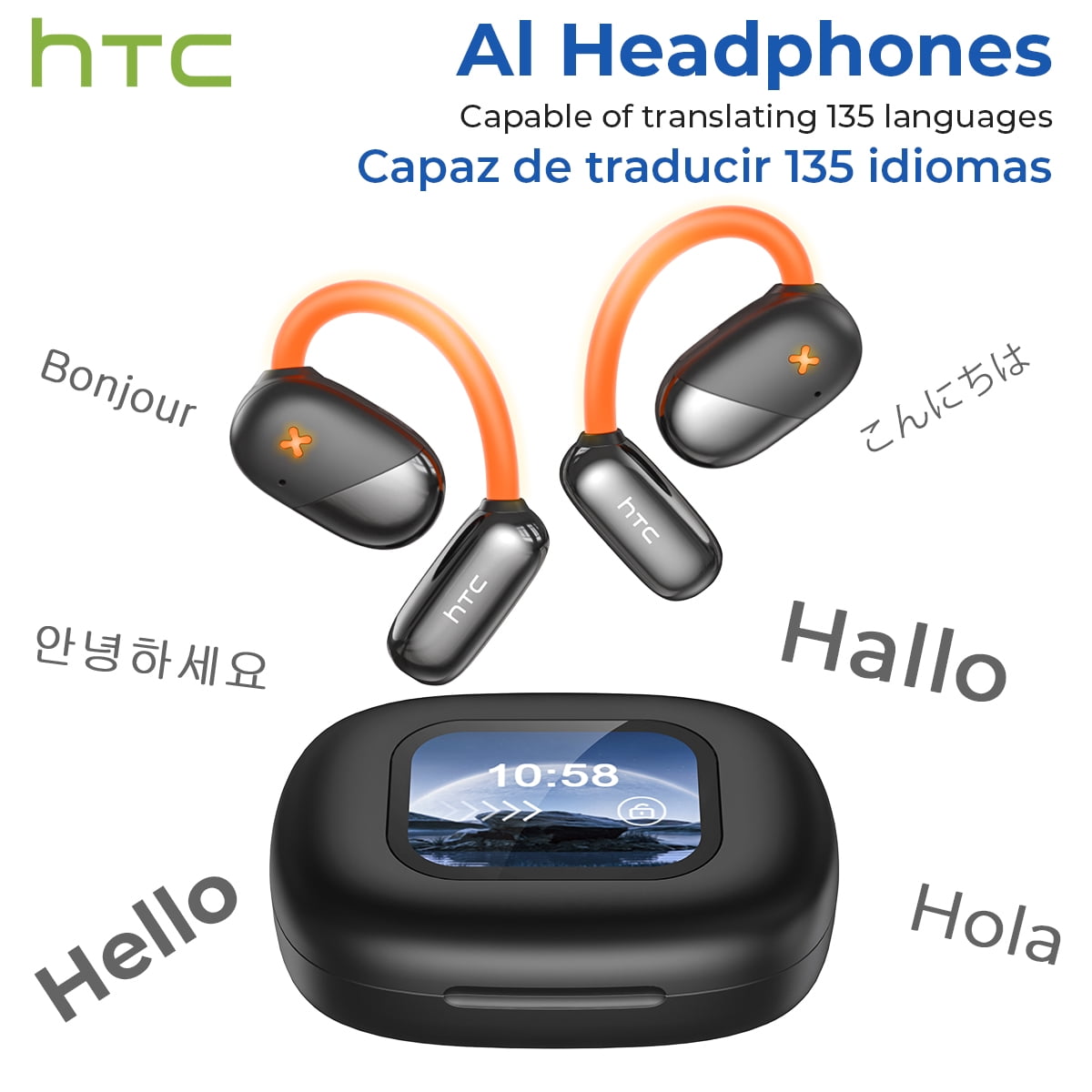HTC NE33 Bluetooth 6.0 Wireless Open-Ear Headphones - AI Translator, Noise-Cancelling Earbuds, 130+ Languages, IPX5 Waterproof, Black
