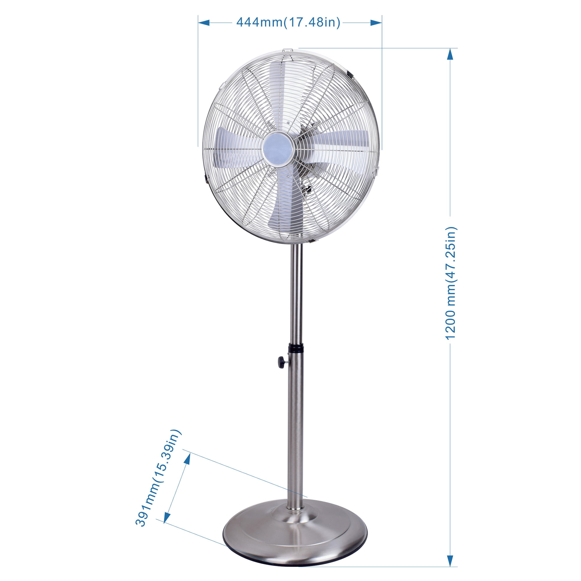 MAYEERTY 16in Metal Stand Fan, 4 Aluminum Blades Copper Motor, 3-Speed, Adjustable Height Tilt Oscillation for Garage Shop