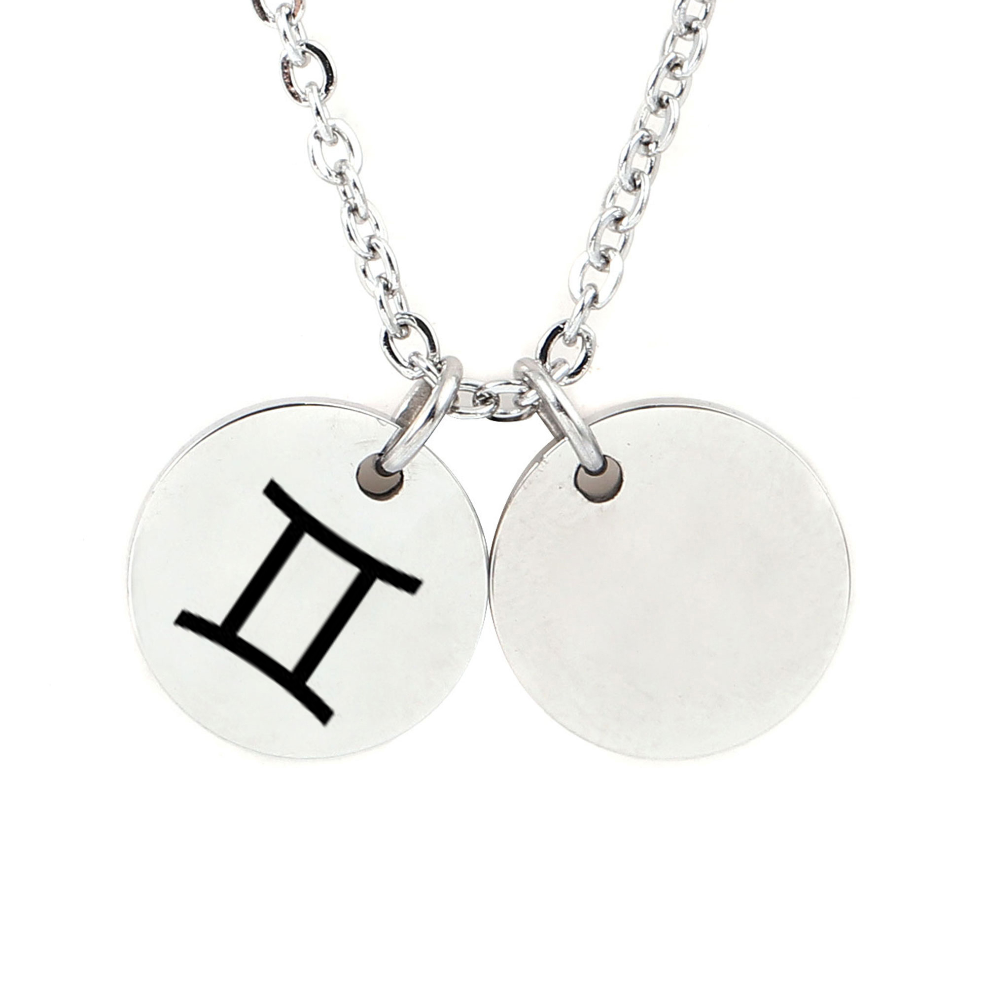 Personalized Round Constellation Initial Necklace - Engraved Zodiac Symbol Jewelry - Christmas Gift for Her - Stainless Steel - 18" Chain - Silver Gemini