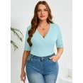 thumbnail image 4 of SHOWMALL Women's Plus Tops Henley Elbow Sleeve Top Casual Ribbed Curved Shirts Sky Blue 5X Knit Fitted Effortless Style Top, 4 of 7
