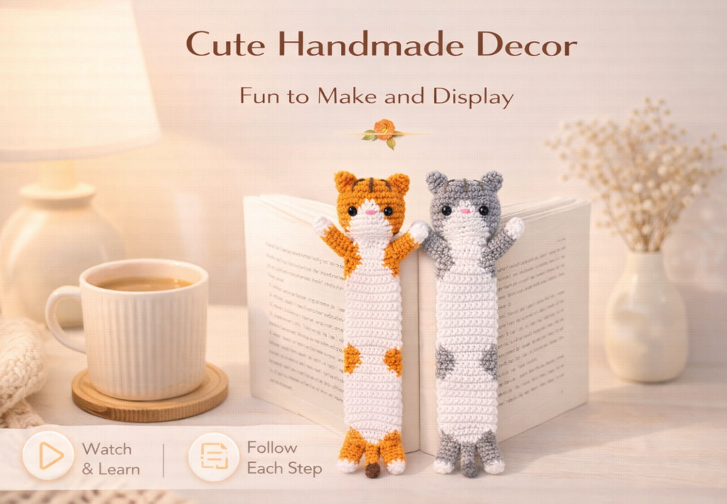 2 Pack Long Cat Bookmark Crochet Kit for Beginners, Cat Amigurumi Starter Set with Step by Step Video Tutorials, TIKA
