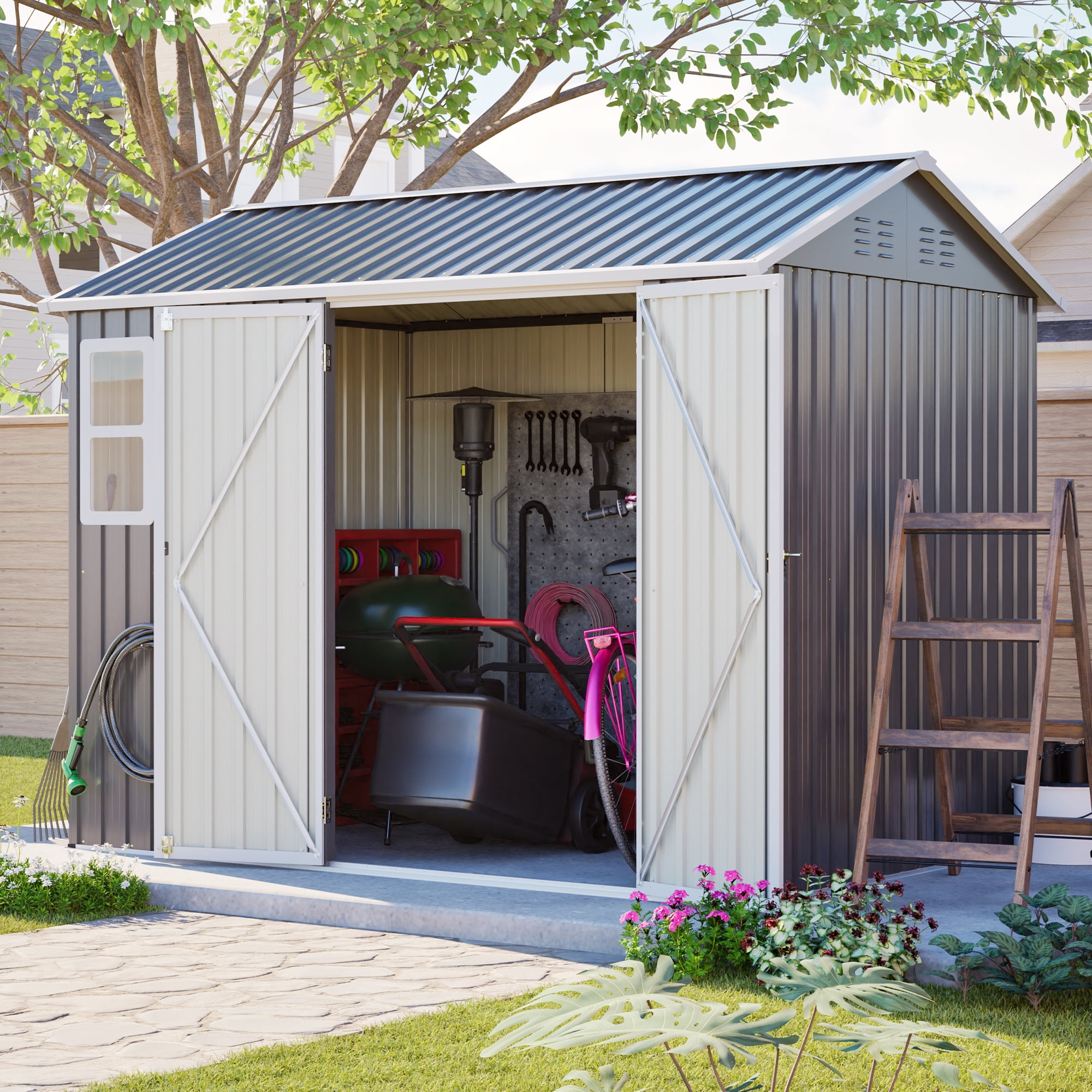 LZBEITEM 8' x 6' Outdoor Storage Shed with Window & Lockable Doors, Metal Garden Tool Shed with 4 Air Vents & Ground Nails, Waterproof Backyard Storage House for Patio Lawn, Gray