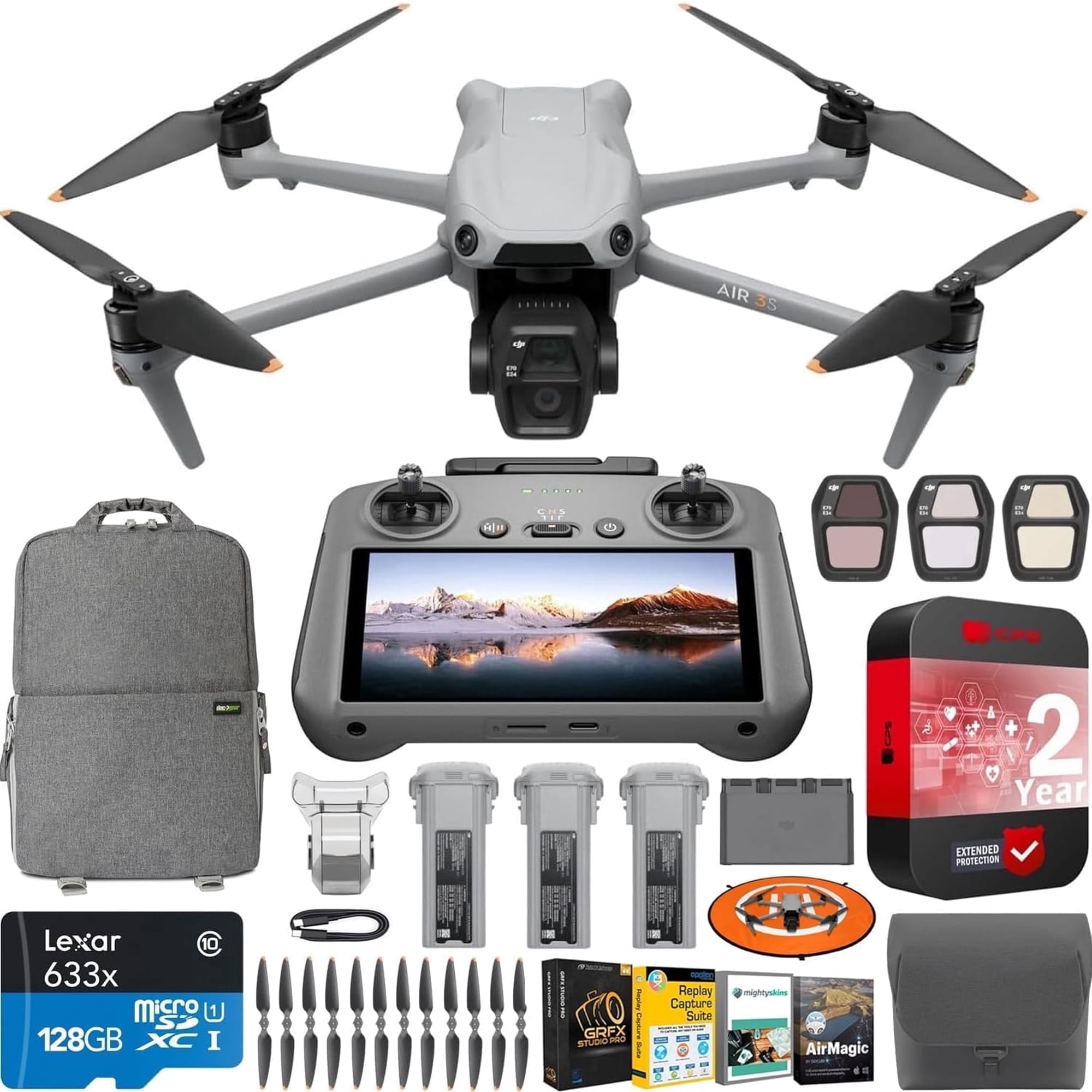 DJI Air 3S Fly More Combo (RC 2 Screen Remote) Drone with 1" CMOS Wide-Angle & Medium Tele Camera, 4K/60fps, Omnidirectional Sensing, Smart RTH, 3 Battery Bundle with Deco Gear Accessories & Software