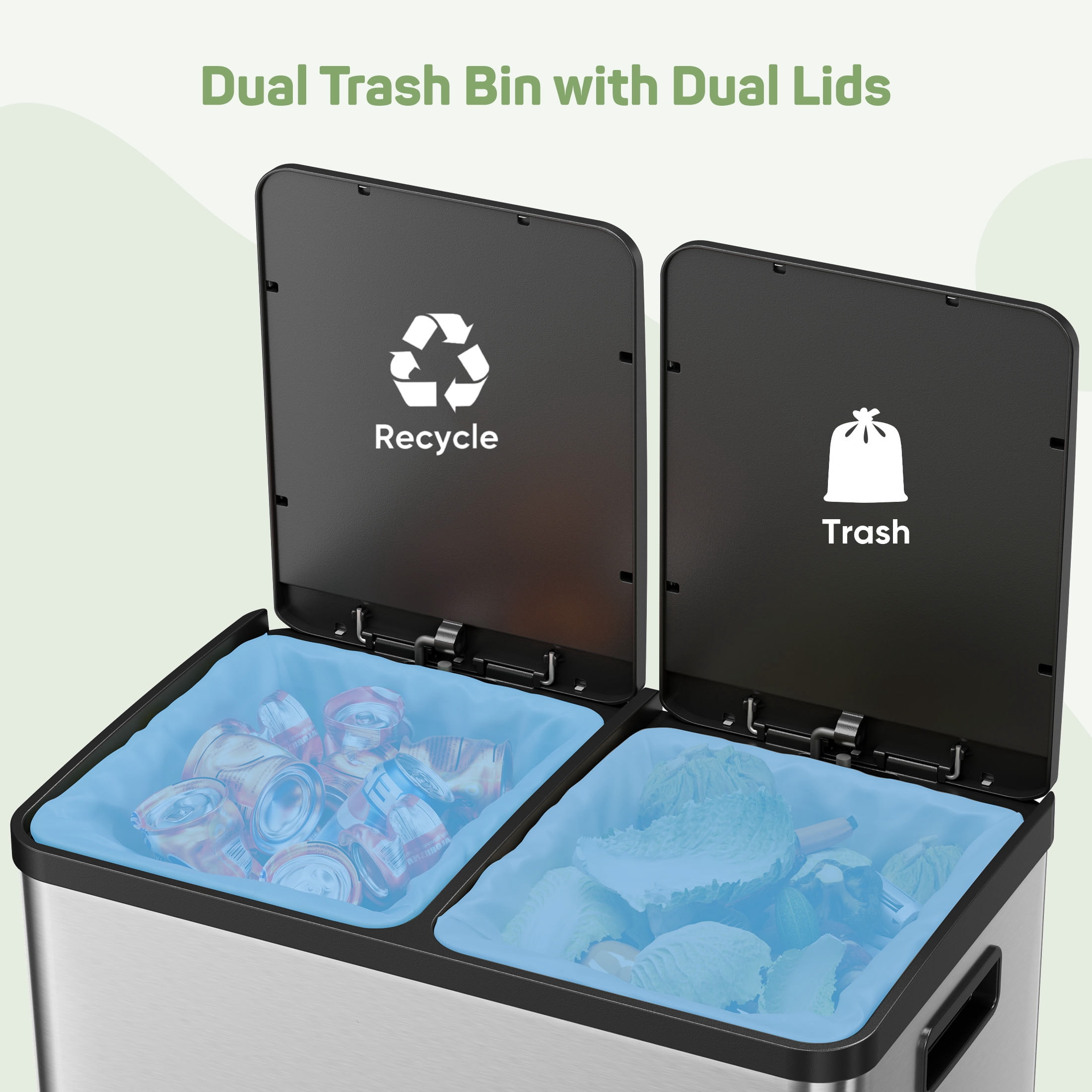 16-Gallon Dual Compartment Step Trash Can - Stainless Steel Kitchen Waste Bin with Wet/Dry Separation