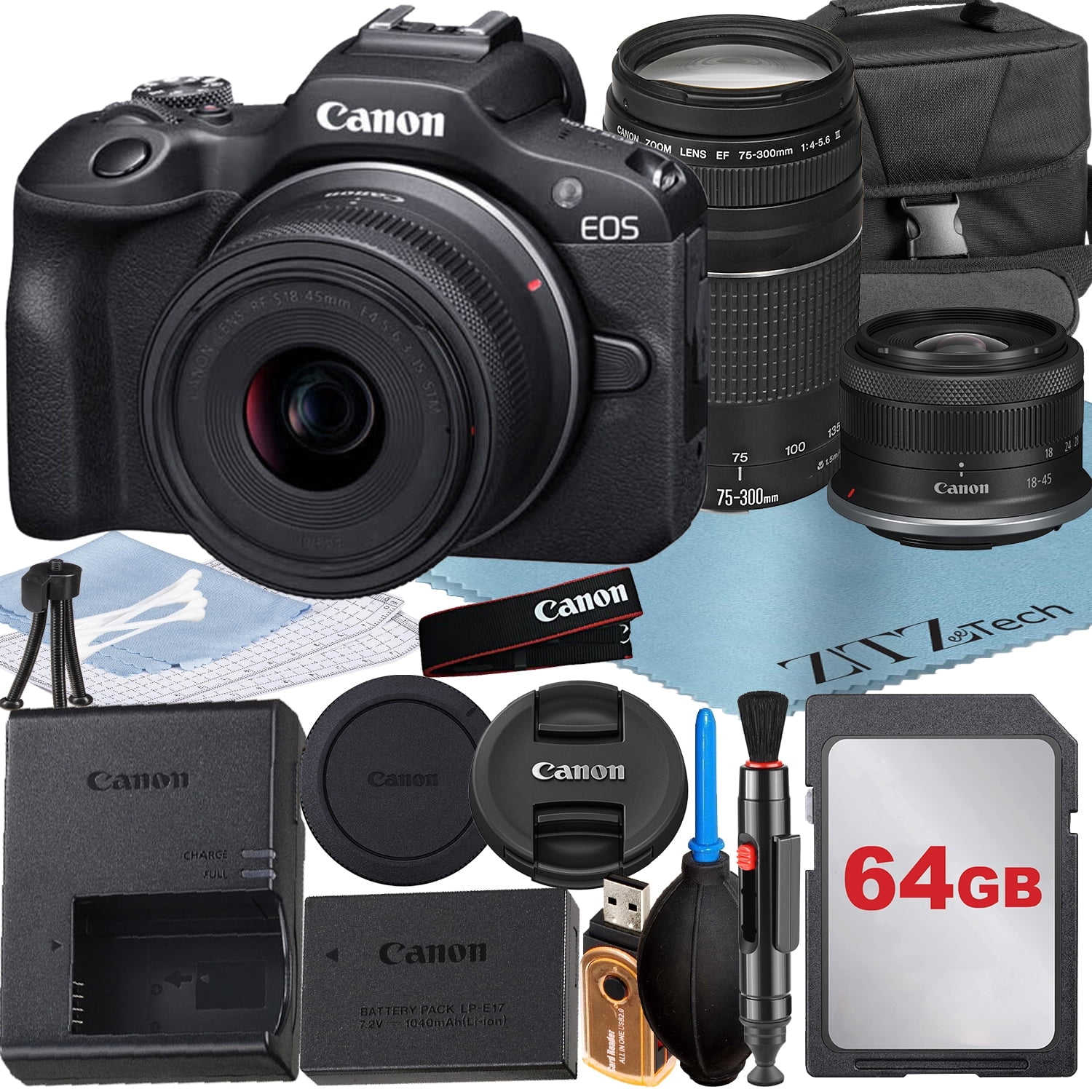 Canon EOS R100 Camera Bundle with 18-45mm, 75-300mm Lenses, 32GB