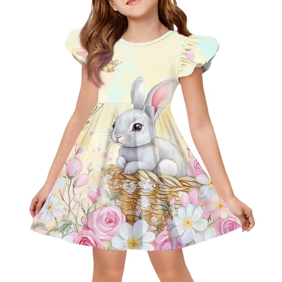 HAJWOH Girls Summer Dresses Flutter Sleeve Easter Dress Funny Bunny Rabbit Egg Graphic Summer Spring Dress Lightweight Sundress Light pink 8-9 Years