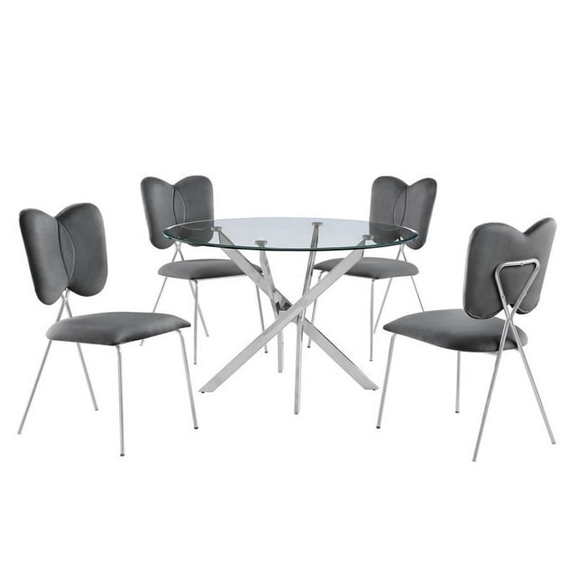 Round 45" x 45" 5pc Clear Glass Dinette Set with Dark Gray Chairs
