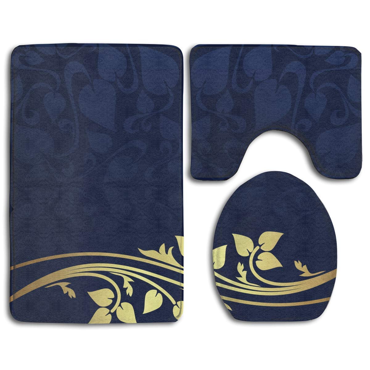 XDDJA Blue and Gold 3 Piece Bathroom Rugs Set Bath Rug Contour Mat and