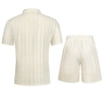 thumbnail image 5 of Riecok Men Outfits Sets 2 Piece Beach Sets Crochet Collared Button Shirts and Drawstring Shorts Vacation Lounge Sets Beige 2XL, 5 of 8